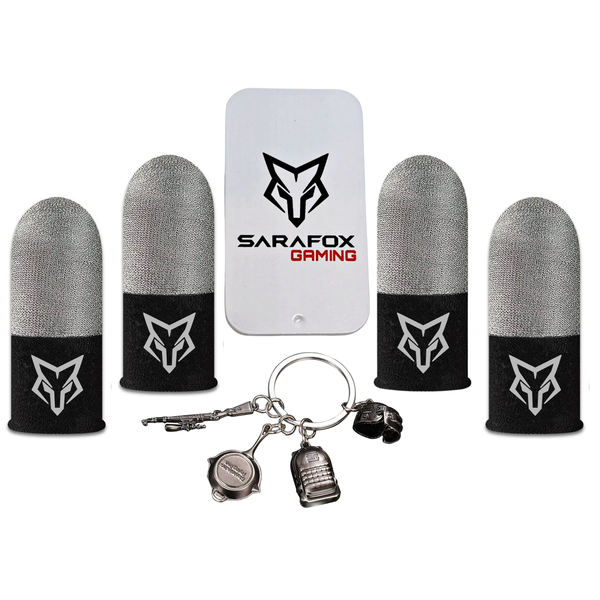 Sarafox V8 - Silver Fibre Gaming Finger Sleeves, Metal Case &amp; PUBG Keychain