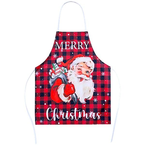 Christmas Linen Apron - Festive Red Plaid Santa Design - 1 Piece