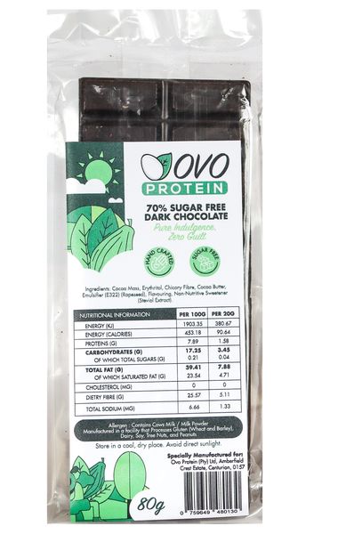 Ovo Protein - 70% Sugar Free Dark Chocolate Slab - 80g - Handmade