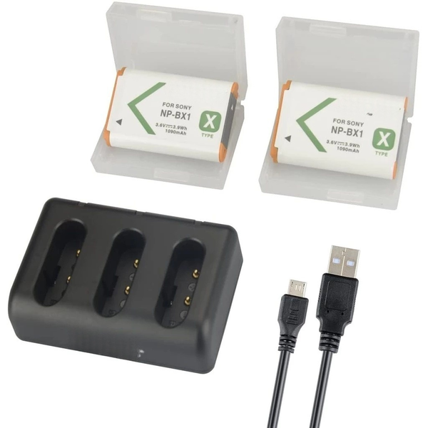 NP-BX1 3Slot Charger &amp; 2 Batteries Compatible with SONY BX1/ BX01/ BX-01