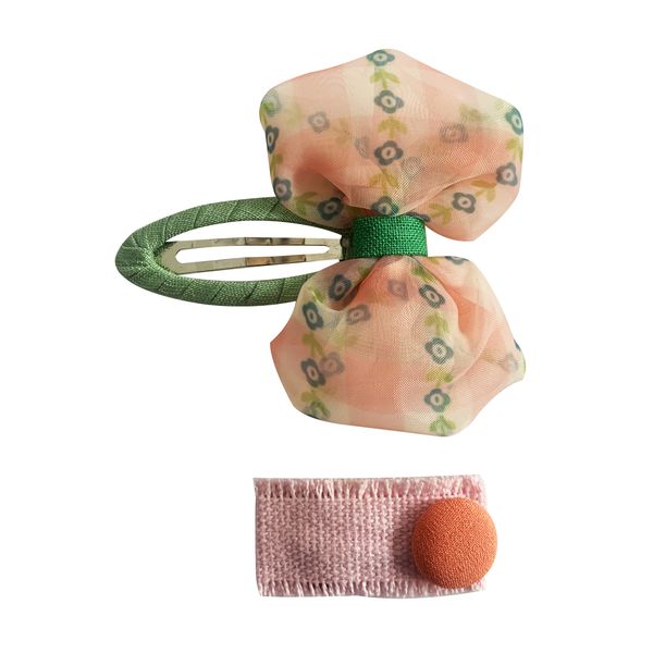 Girly Fabric Hair Clip with Bow and Button - Pink (2 Pack)