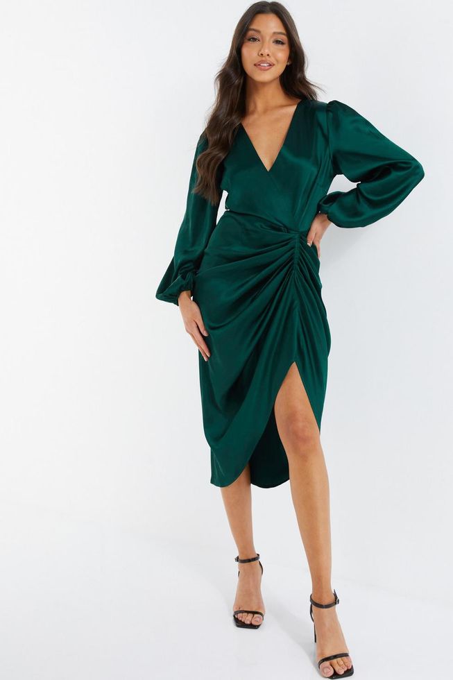 Quiz Ladies - Bottle Green Satin Long Sleeve Ruched Midi Dress | Shop ...