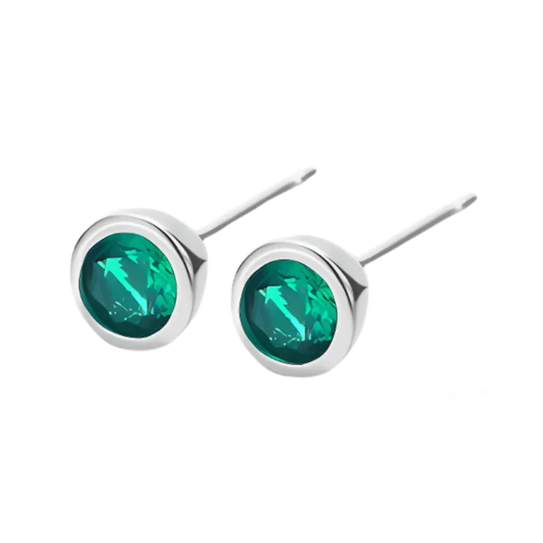 Green Stud Small Diamante Silver Earrings