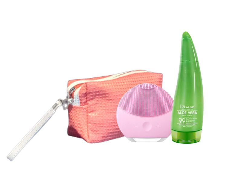 3 in 1 Sonic Vibration Facial Cleansing Brush, Face wash, Cosmetic Bag Pink