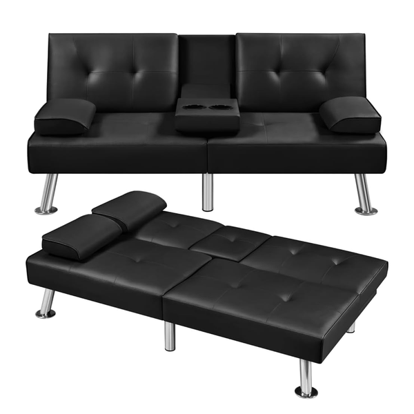 Modern Faux Leather Sofa Bed with Adjustable Recliner &amp; Cup Holders - Black
