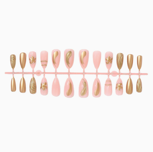 Salon Quality Reusable Press-On Nails - Almond- Pink &amp; Gold Glam