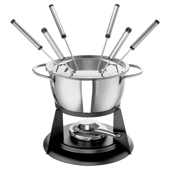 ROHE Fondue Set: Pot, Base, Burner, 6 Forks, Splash Guard: German Brand