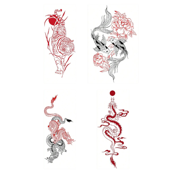 4 piece Waterproof Chinese Motif Temporary Sticker Tattoos - Red/Black