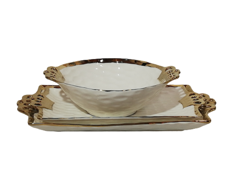 Platter &amp; Bowl 3pc set Porcelain Crown Gold