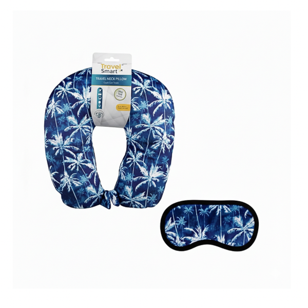 Palm-Tree Neck Pillow and Eye Mask Set - Blue