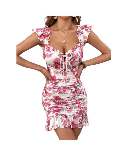 Floral Print Front Knot Bodycon Dress