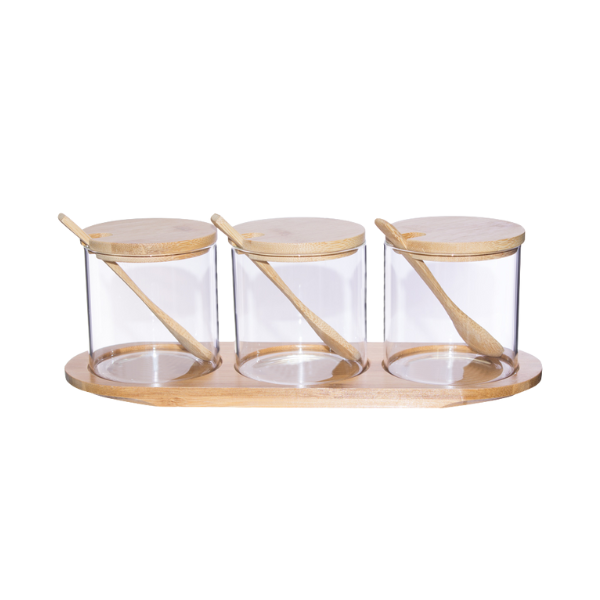 Set Of 3 Glass Jars With Spoons, Bamboo Lids On A Rack