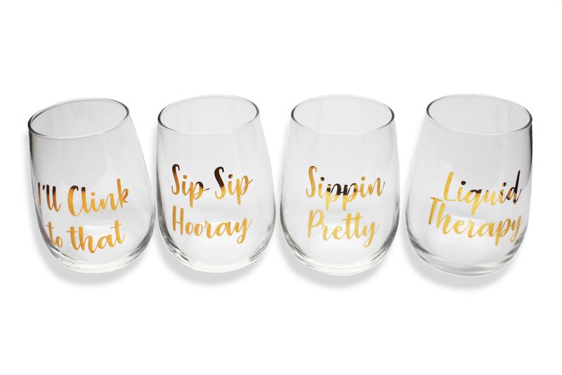 Set of 4 Stemless Glasses - Cursive Gold Text Print (360ml)