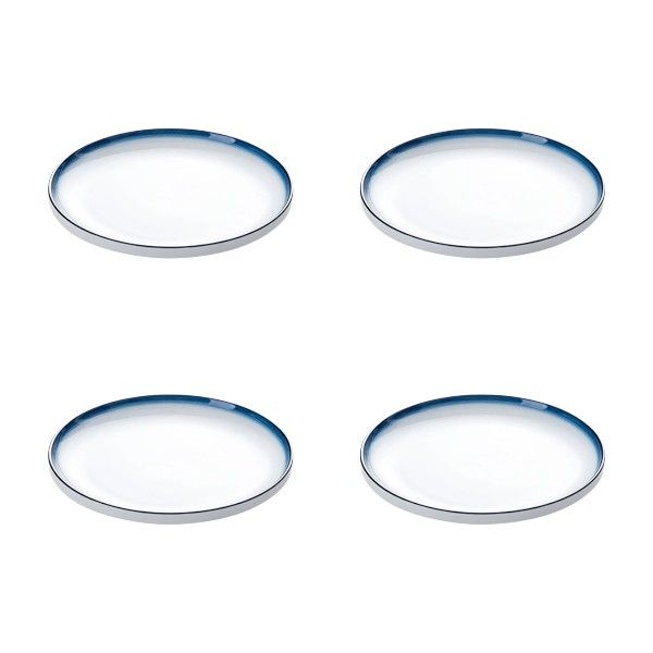 Ceramic Dinner Plate Set With White Base &amp; Blue Trim - 4 Pieces