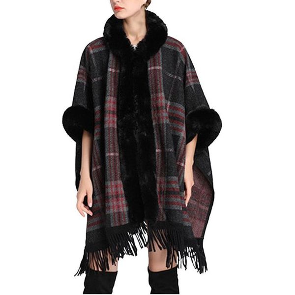 Hooded Faux Fur Trim Cape - Black Plaid