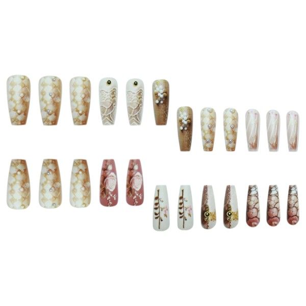 24 Piece Long Square Vintage Lace &amp; Pearl Press-On Nails - Multicolor