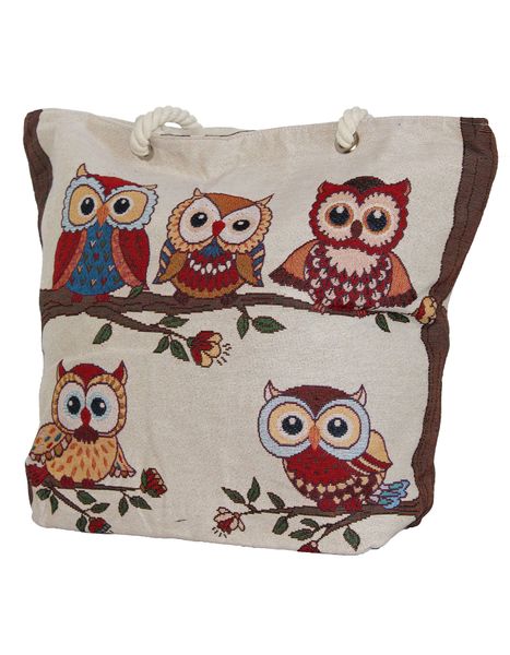 Fino Maxi Canvas Tote Bag with Owls Print Design - Beige
