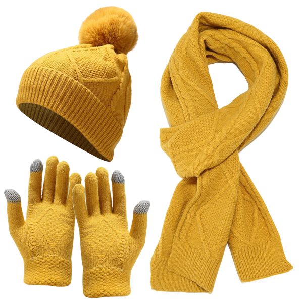 3 Pack Knitted Thick Scarf Glove Hat Winter Combination Gift Set