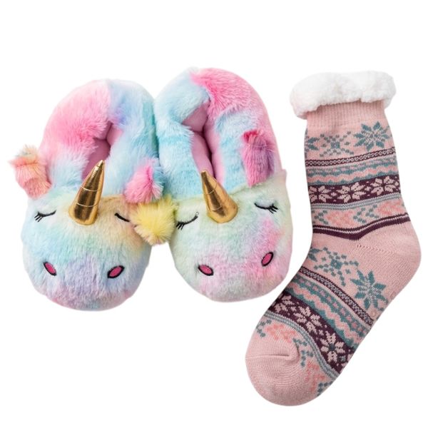 22cm Kids Fluffy Rainbow Unicorn Winter Slipper Indoor/Outdoor&amp;Winter Socks