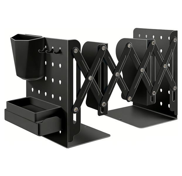 Black Expandable Metal Bookends with Pen Holder and Drawer Adjustable Desk