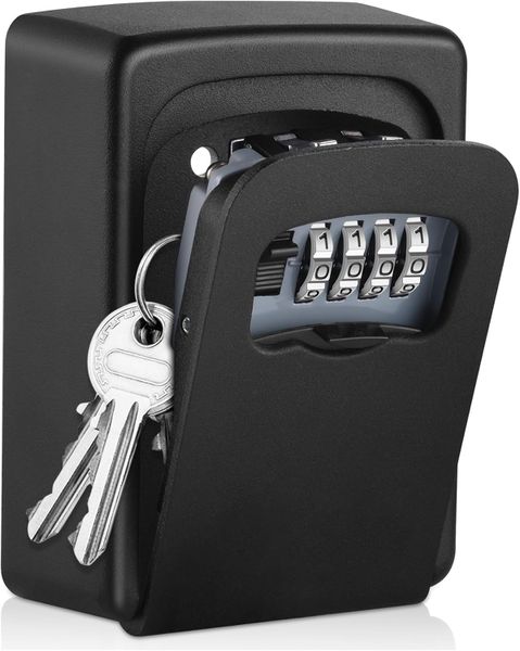 Key Lock Box - Wall Mounted, 4-Digit Combination Lockbox for Outside (Black)