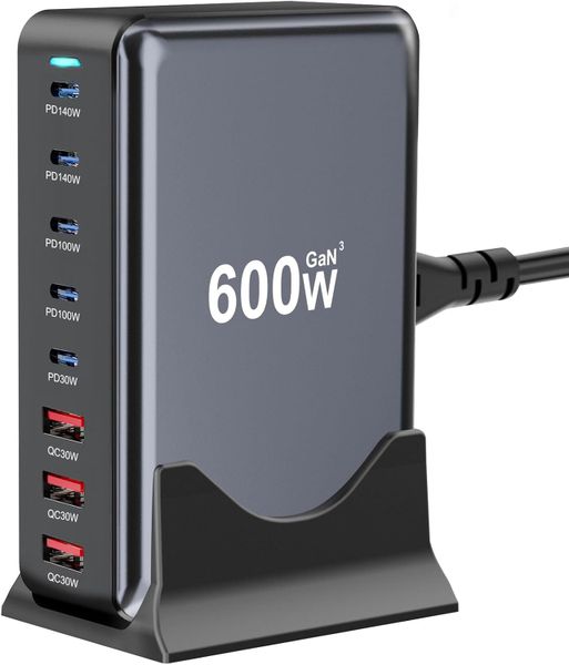 600W Fast USB C GaN3 Pro Charger Block, 8 Port Charging Station,Dual 140W