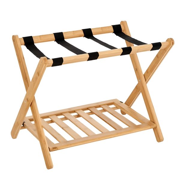 Floor-Standing Wooden Double Layer Luggage Rack with Shelf - Natural Wood