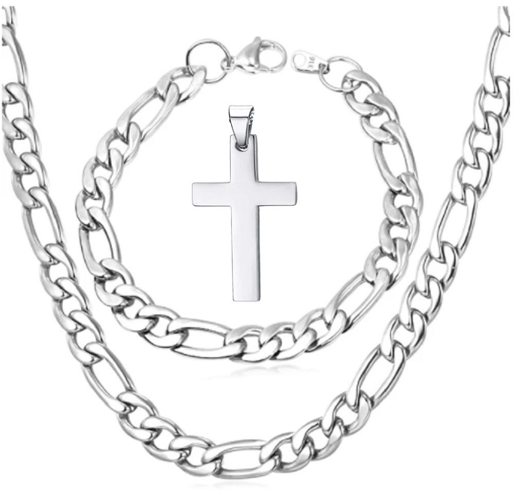 Solid Bulky Stainless Steel Figaro Men Necklace & Bracelet Set with