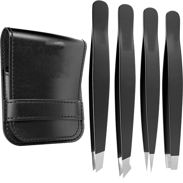 4 Pieces Professional Stainless Steel Slant Tip Eyebrow Tweezers Kit