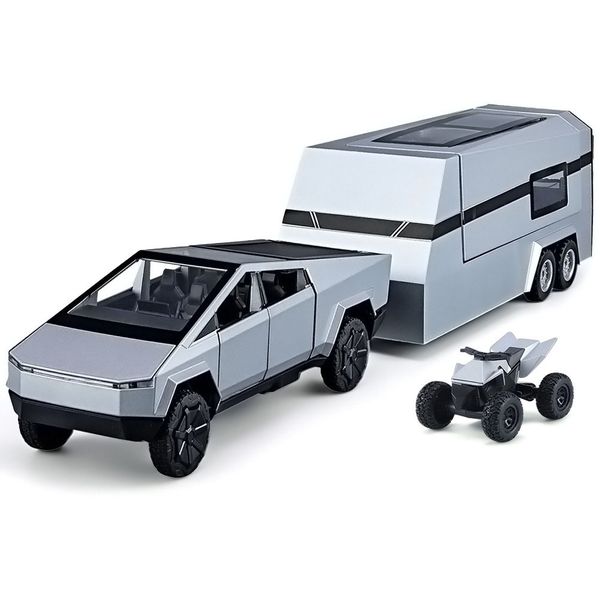 1:32 Simulation Tesla Pickup Truck RV Model Set Trailer Toy Truck Model