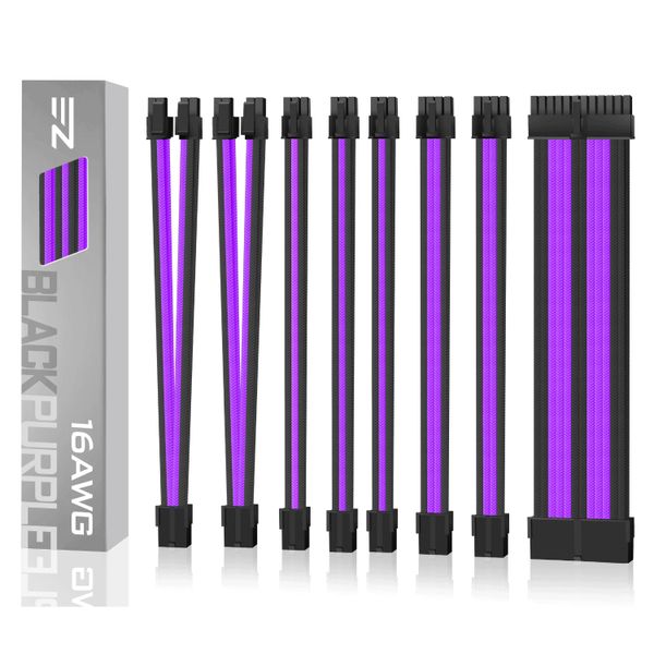 EZDIY-FAB 16 AWG PSU Premium Nylon Sleeved Extension Cable Kit-Black/Purple