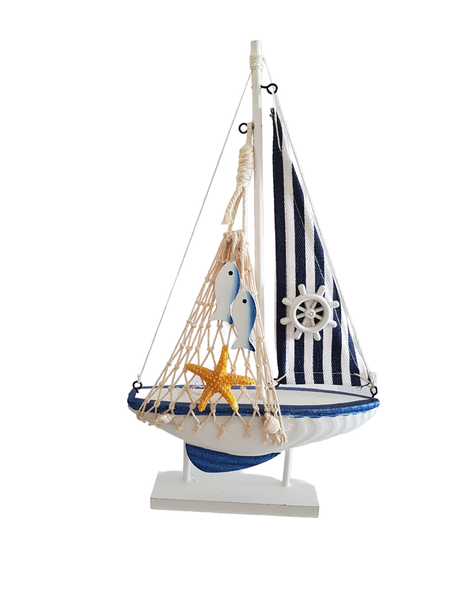 Nautical Wooden Beach Theme Ship on Stand - Blue Striped Sail Wheel