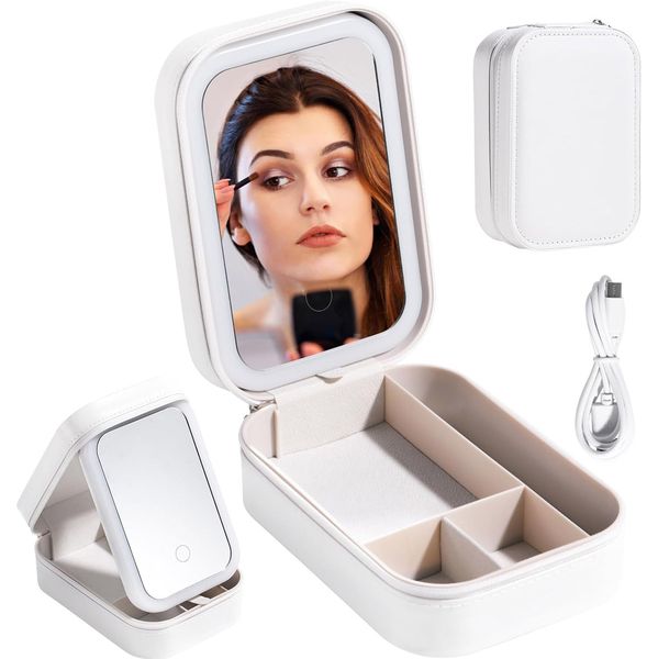 White Travel Cosmetic Mirror Rechargeable LED Makeup Mirror Storage Case