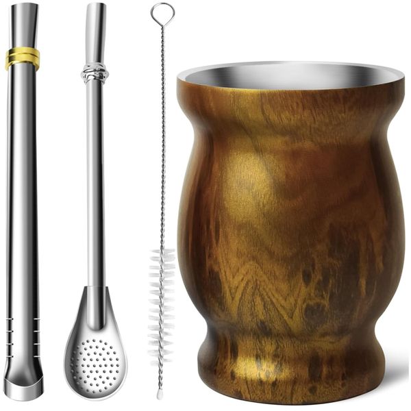 Yerba Mate Cup Set - Double Wall Stainless Steel with 2 Bombilla Brush