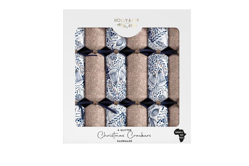 Holly &amp; Ivy Christmas Crackers - Luxury Glitter Blue Foliage