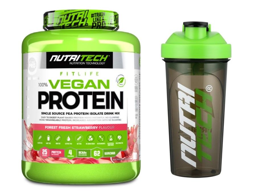 Nutritech Strawberry Vegan Whey Protein 2kg With Nutritech Shaker