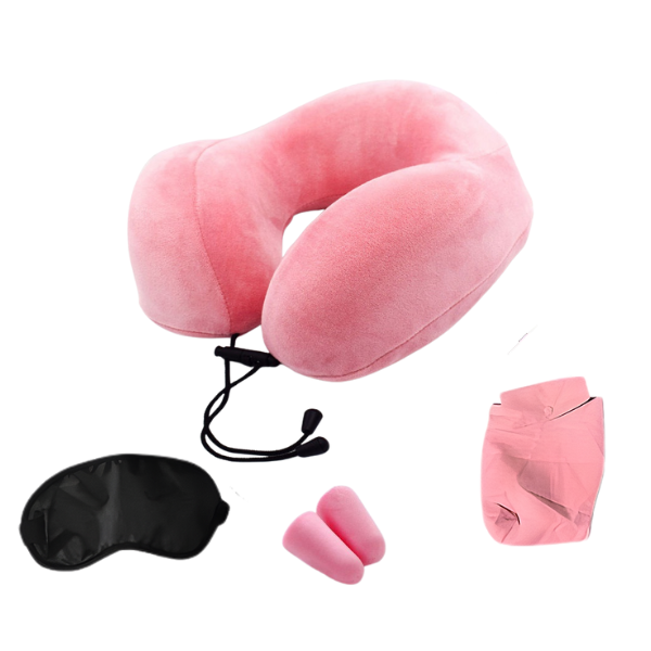 Memory Foam Travel Neck Pillow with Eye Mask, Earplugs - Travel Set