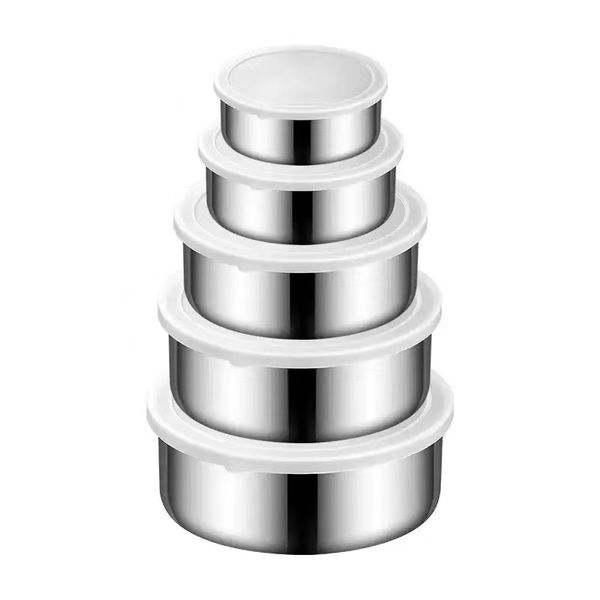 Set of 5 Stainless Steel Food Containers With Clear Lids 10/12/14/16/18CM