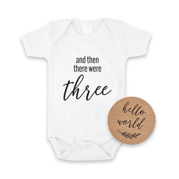 And Then There Were Three Pregnancy Announcement Onesie &amp; Hello World Disc