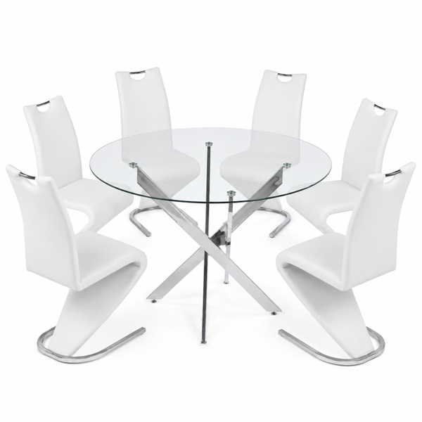 Ziyane Novara Round Glass Dining Table &amp; 6 Z-Shape Faux Leather Chairs Set