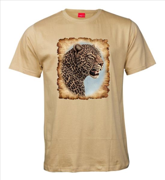 Ithambo Wildlife Leopard Head Print Men's Crew Shirt Tee Olive 180gm