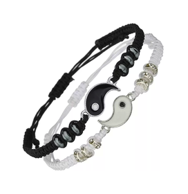 Yin Yang Friendship or Couple Bracelet Set Adjustable Black And
