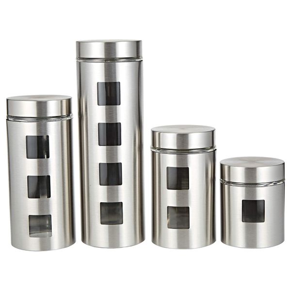 Glass And Stainless Steel - Square Window Canister Set - 4 Piece