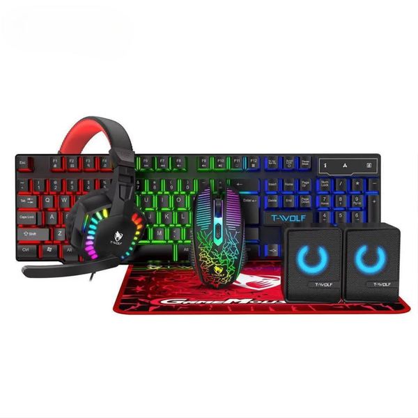 T-WOLF 5-in-1 RGB Gaming Combo-Keyboard, Mouse, Headset, Mousepad &amp;Speakers