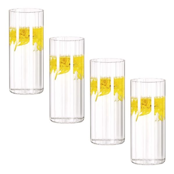 4 Pack - Vertical-Line Glass With Yellow Flower Engraving - Transparent