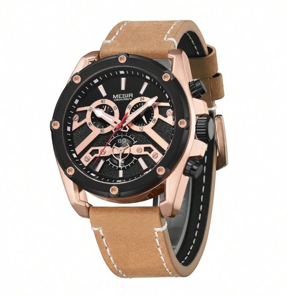 MEGIR - Water Resistant Quartz Watch With Chronographic Dial - Brown/Gold
