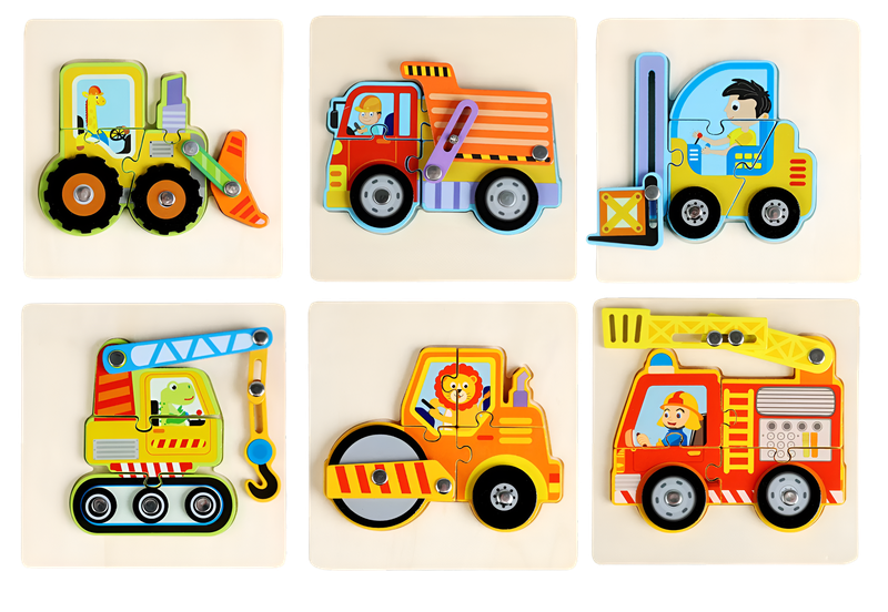 Interactive 3D Wooden Vehicle Puzzle Set - 6 Construction &amp; Emergency Toys
