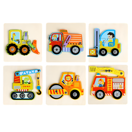 Interactive 3D Wooden Vehicle Puzzle Set - 6 Construction & Emergency Toys Image