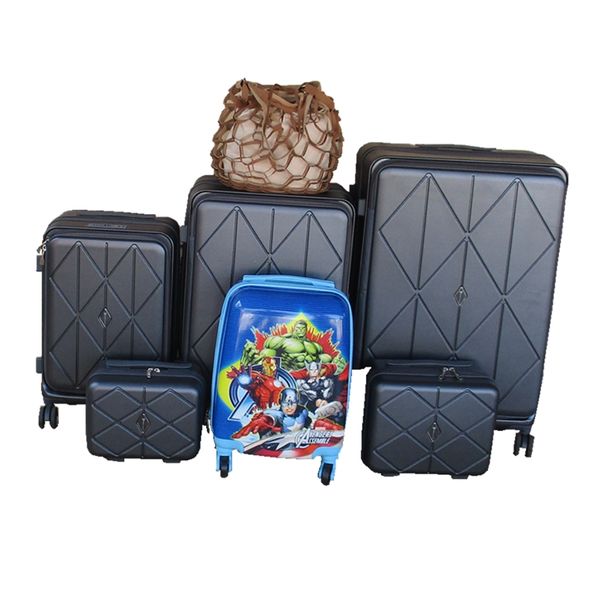 5-Piece PP Luggage Set with Avengers Kids Trolley Case - Black Hard Shell