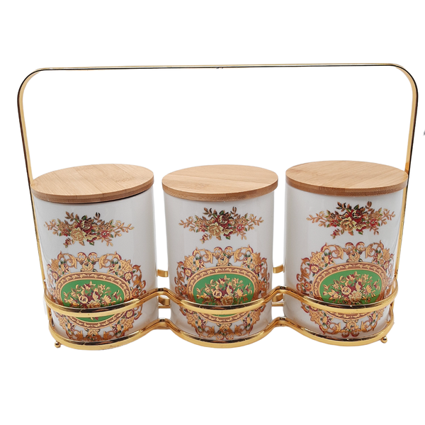 3pc Glass Jar Set With Metal Stand